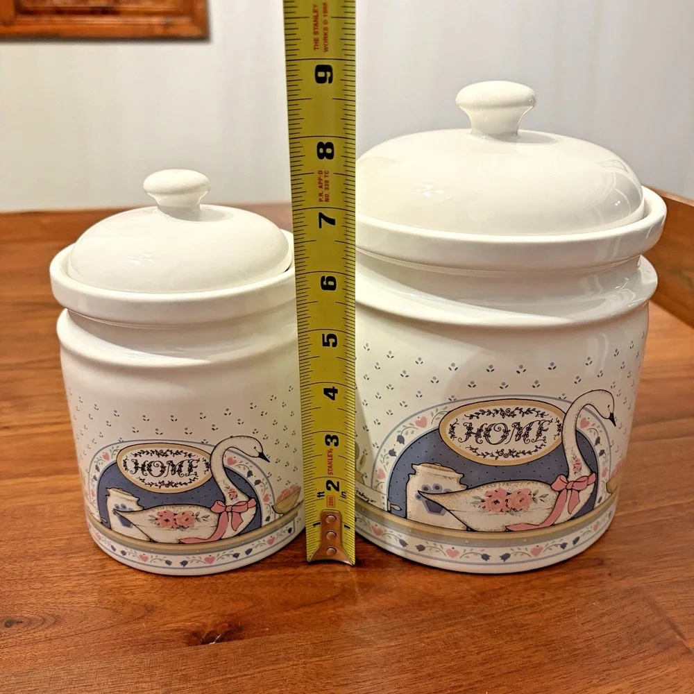 Vintage Home Swan Goose Stoneware Canisters Set of 2 Pink Blue Farmhouse 1980s
